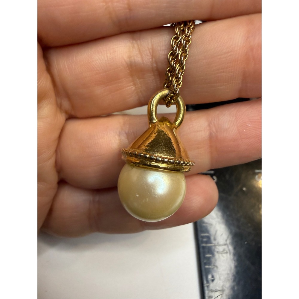 Gold Tone Faux Pearl Drop Pendant Necklace Rope Chain Acorn Cap